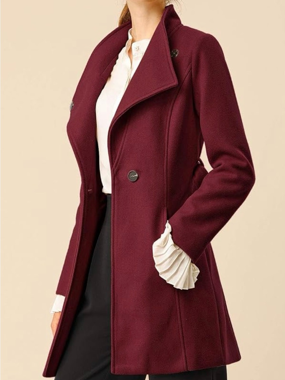 Women's Burgundy Wool-Blend Double-Breasted Coat